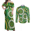 Bowls Australia Custom Couples Matching Off Shoulder Maxi Dress and Long Sleeve Button Shirt Aboriginal Art National Color - Aussie Hoodie