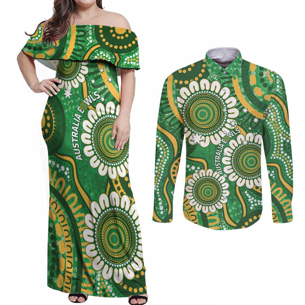 Bowls Australia Custom Couples Matching Off Shoulder Maxi Dress and Long Sleeve Button Shirt Aboriginal Art National Color - Aussie Hoodie