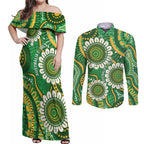 Bowls Australia Custom Couples Matching Off Shoulder Maxi Dress and Long Sleeve Button Shirt Aboriginal Art National Color - Aussie Hoodie