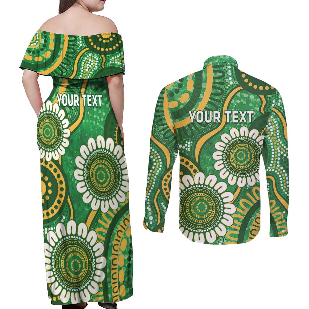 Bowls Australia Custom Couples Matching Off Shoulder Maxi Dress and Long Sleeve Button Shirt Aboriginal Art National Color - Aussie Hoodie