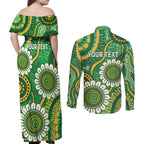 Bowls Australia Custom Couples Matching Off Shoulder Maxi Dress and Long Sleeve Button Shirt Aboriginal Art National Color - Aussie Hoodie