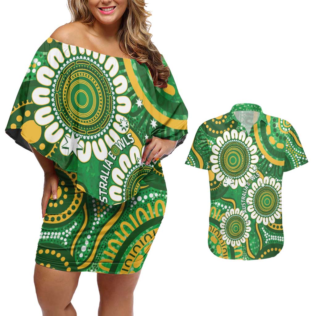Bowls Australia Custom Couples Matching Off Shoulder Short Dress and Hawaiian Shirt Aboriginal Art National Color - Aussie Hoodie