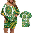Bowls Australia Custom Couples Matching Off Shoulder Short Dress and Hawaiian Shirt Aboriginal Art National Color - Aussie Hoodie