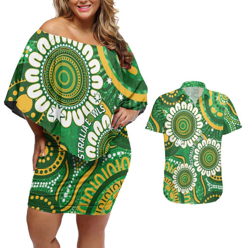 Bowls Australia Custom Couples Matching Off Shoulder Short Dress and Hawaiian Shirt Aboriginal Art National Color - Aussie Hoodie