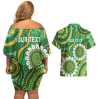 Bowls Australia Custom Couples Matching Off Shoulder Short Dress and Hawaiian Shirt Aboriginal Art National Color - Aussie Hoodie