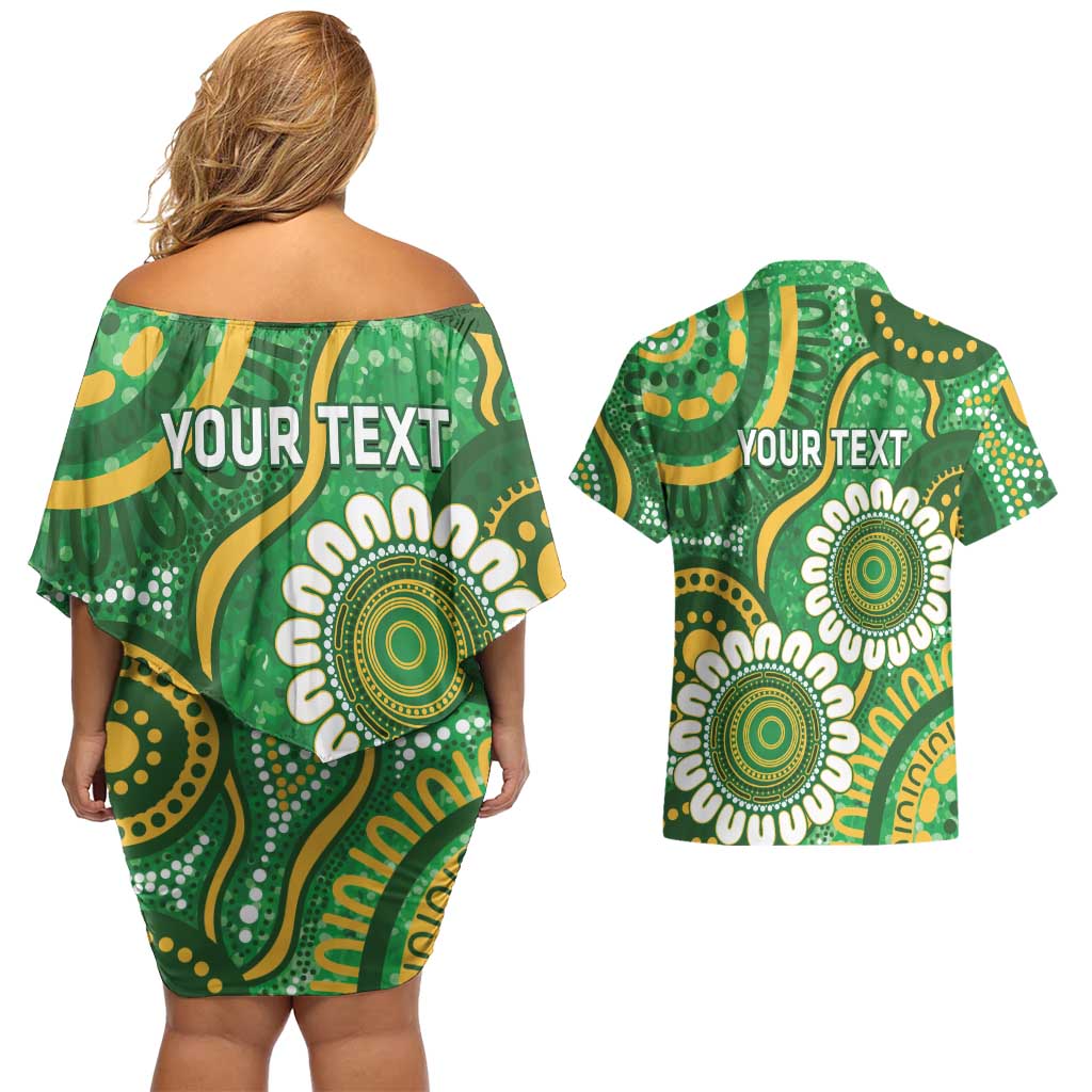 Bowls Australia Custom Couples Matching Off Shoulder Short Dress and Hawaiian Shirt Aboriginal Art National Color - Aussie Hoodie