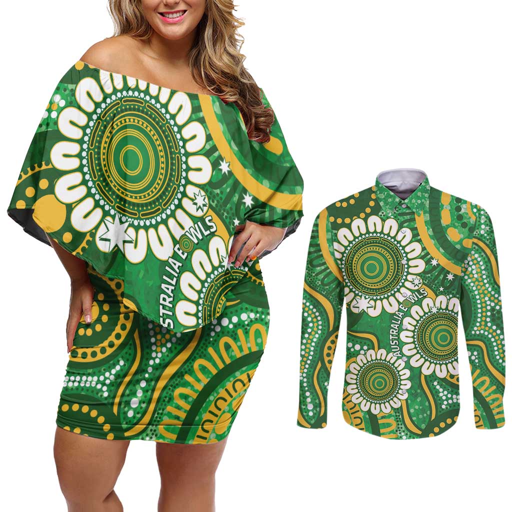 Bowls Australia Custom Couples Matching Off Shoulder Short Dress and Long Sleeve Button Shirt Aboriginal Art National Color - Aussie Hoodie