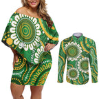 Bowls Australia Custom Couples Matching Off Shoulder Short Dress and Long Sleeve Button Shirt Aboriginal Art National Color - Aussie Hoodie