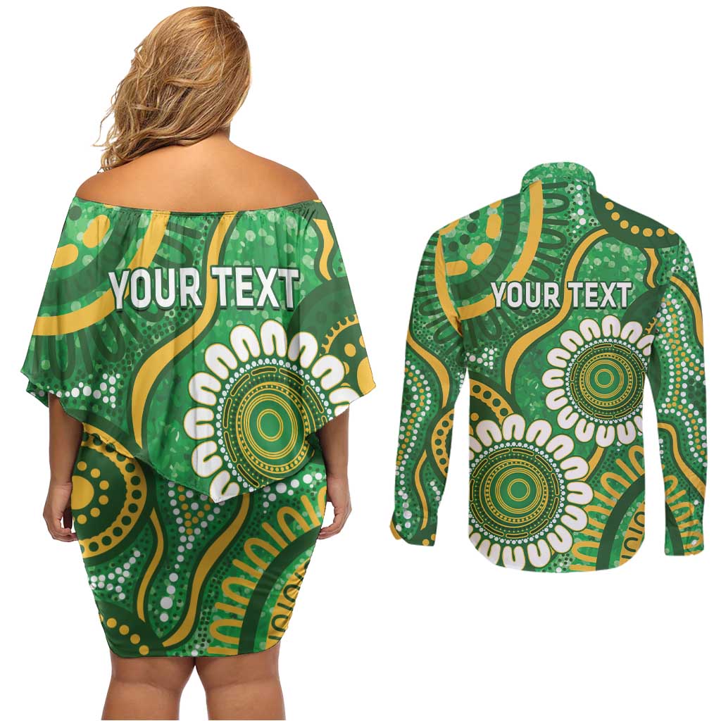 Bowls Australia Custom Couples Matching Off Shoulder Short Dress and Long Sleeve Button Shirt Aboriginal Art National Color - Aussie Hoodie