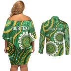 Bowls Australia Custom Couples Matching Off Shoulder Short Dress and Long Sleeve Button Shirt Aboriginal Art National Color - Aussie Hoodie