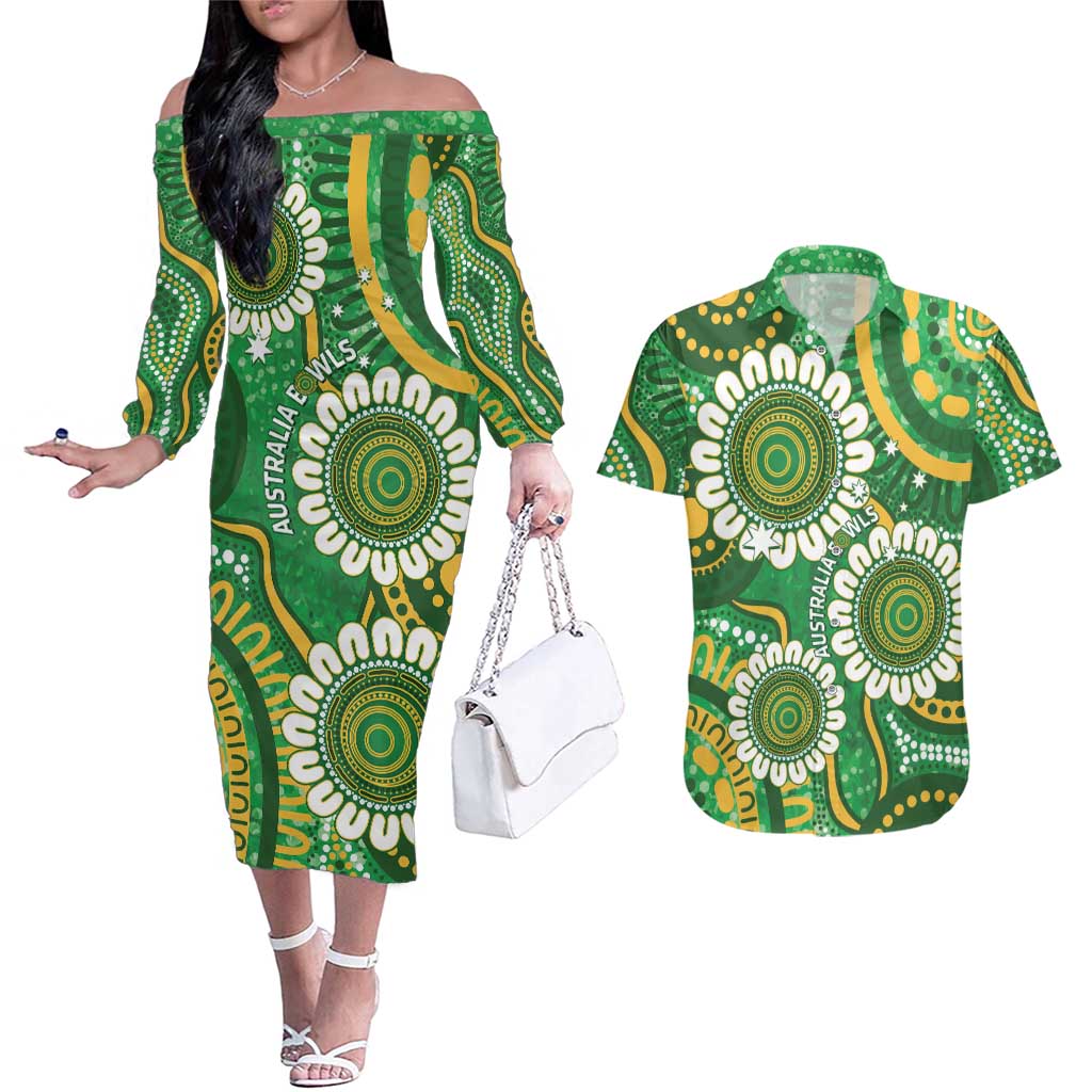 Bowls Australia Custom Couples Matching Off The Shoulder Long Sleeve Dress and Hawaiian Shirt Aboriginal Art National Color - Aussie Hoodie