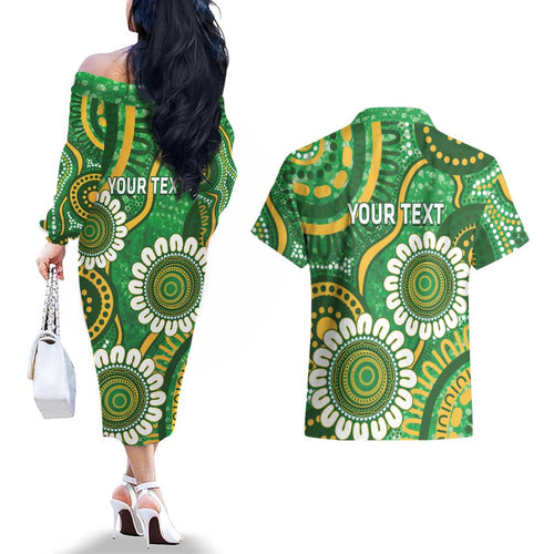 Bowls Australia Custom Couples Matching Off The Shoulder Long Sleeve Dress and Hawaiian Shirt Aboriginal Art National Color - Aussie Hoodie