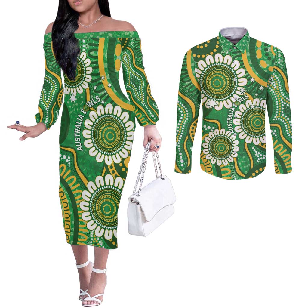 Bowls Australia Custom Couples Matching Off The Shoulder Long Sleeve Dress and Long Sleeve Button Shirt Aboriginal Art National Color - Aussie Hoodie