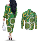 Bowls Australia Custom Couples Matching Off The Shoulder Long Sleeve Dress and Long Sleeve Button Shirt Aboriginal Art National Color - Aussie Hoodie