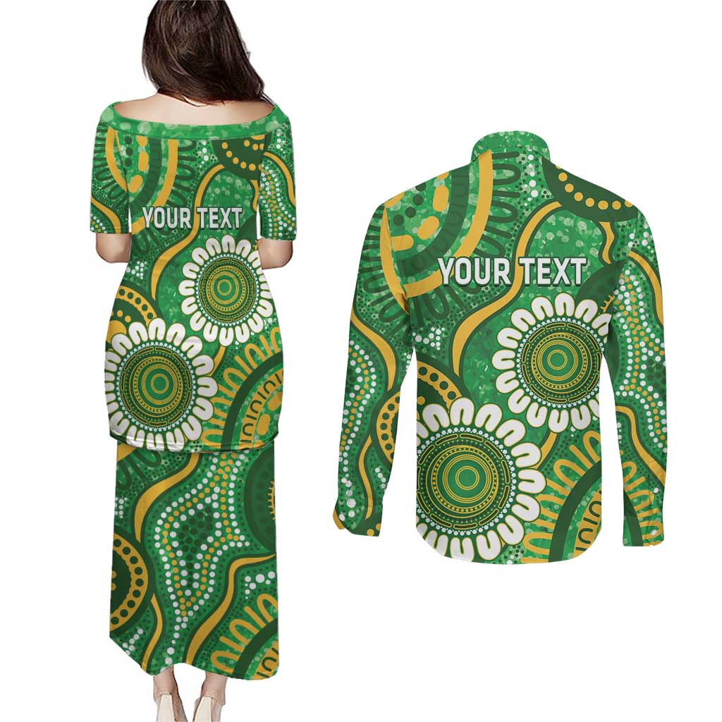 Bowls Australia Custom Couples Matching Puletasi and Long Sleeve Button Shirt Aboriginal Art National Color - Aussie Hoodie