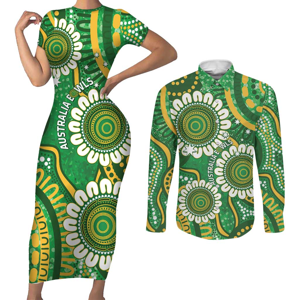 Bowls Australia Custom Couples Matching Short Sleeve Bodycon Dress and Long Sleeve Button Shirt Aboriginal Art National Color - Aussie Hoodie