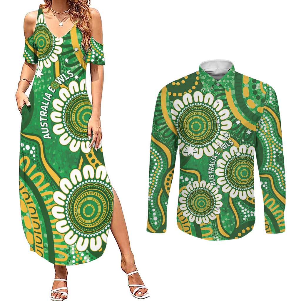 Bowls Australia Custom Couples Matching Summer Maxi Dress and Long Sleeve Button Shirt Aboriginal Art National Color - Aussie Hoodie