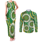 Bowls Australia Custom Couples Matching Tank Maxi Dress and Long Sleeve Button Shirt Aboriginal Art National Color - Aussie Hoodie