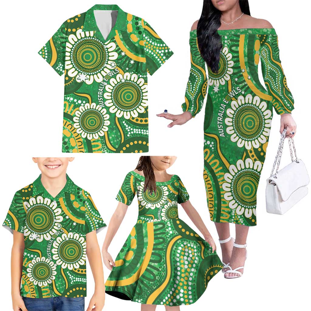 Bowls Australia Custom Family Matching Off The Shoulder Long Sleeve Dress and Hawaiian Shirt Aboriginal Art National Color - Aussie Hoodie