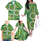 Bowls Australia Custom Family Matching Off The Shoulder Long Sleeve Dress and Hawaiian Shirt Aboriginal Art National Color - Aussie Hoodie