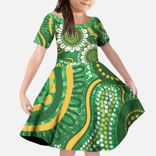 Bowls Australia Custom Family Matching Off The Shoulder Long Sleeve Dress and Hawaiian Shirt Aboriginal Art National Color - Aussie Hoodie
