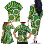 Bowls Australia Custom Family Matching Off The Shoulder Long Sleeve Dress and Hawaiian Shirt Aboriginal Art National Color - Aussie Hoodie