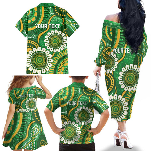 Bowls Australia Custom Family Matching Off The Shoulder Long Sleeve Dress and Hawaiian Shirt Aboriginal Art National Color - Aussie Hoodie