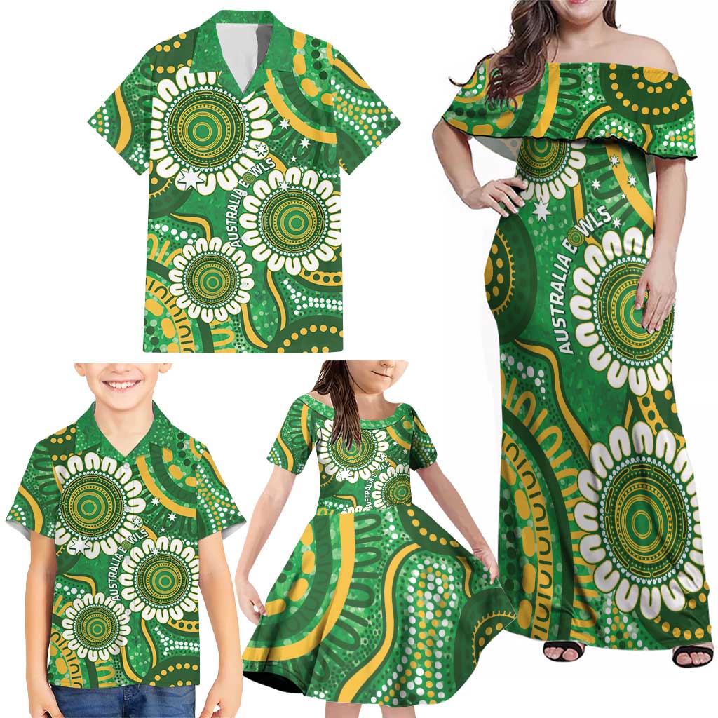 Bowls Australia Custom Family Matching Off Shoulder Maxi Dress and Hawaiian Shirt Aboriginal Art National Color - Aussie Hoodie