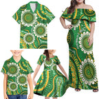 Bowls Australia Custom Family Matching Off Shoulder Maxi Dress and Hawaiian Shirt Aboriginal Art National Color - Aussie Hoodie