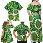 Bowls Australia Custom Family Matching Off Shoulder Maxi Dress and Hawaiian Shirt Aboriginal Art National Color - Aussie Hoodie