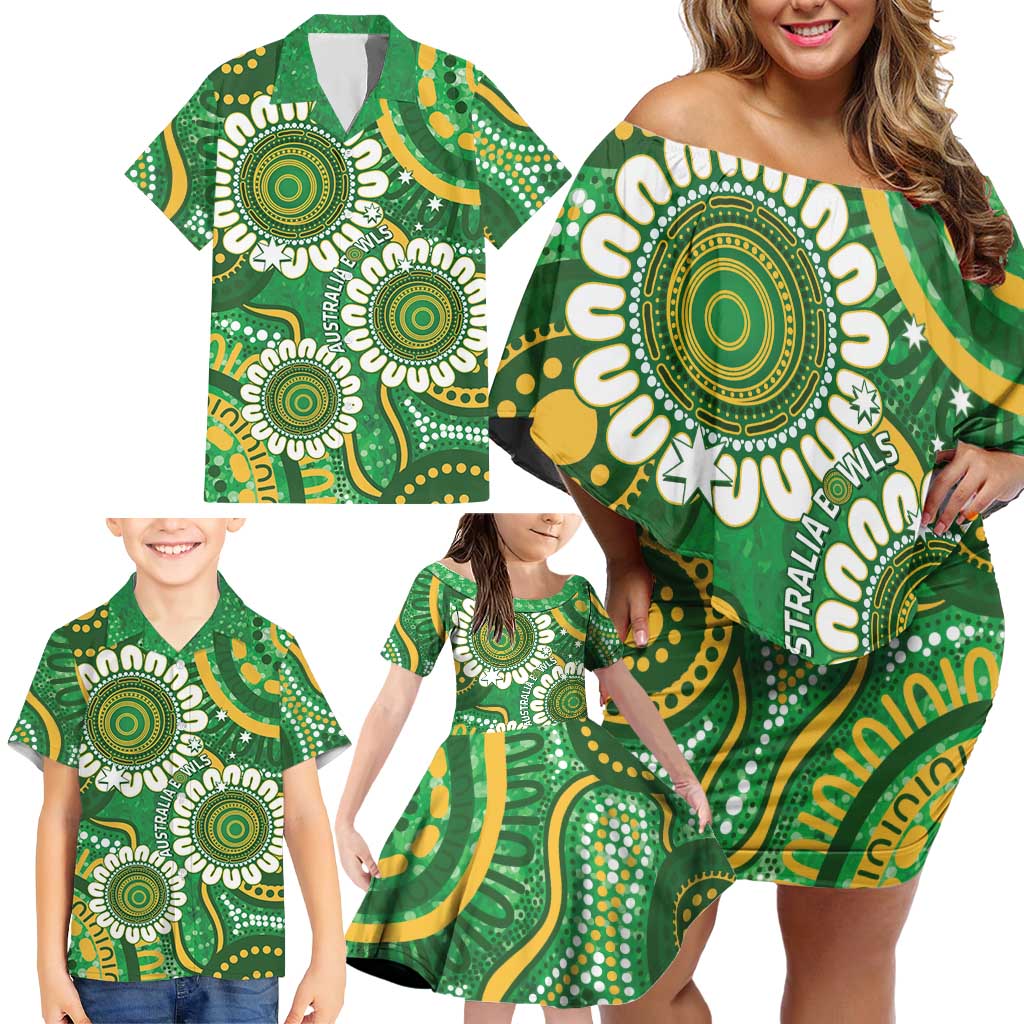 Bowls Australia Custom Family Matching Off Shoulder Short Dress and Hawaiian Shirt Aboriginal Art National Color - Aussie Hoodie