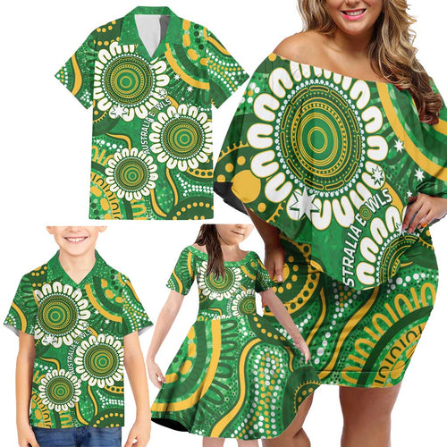 Bowls Australia Custom Family Matching Off Shoulder Short Dress and Hawaiian Shirt Aboriginal Art National Color - Aussie Hoodie