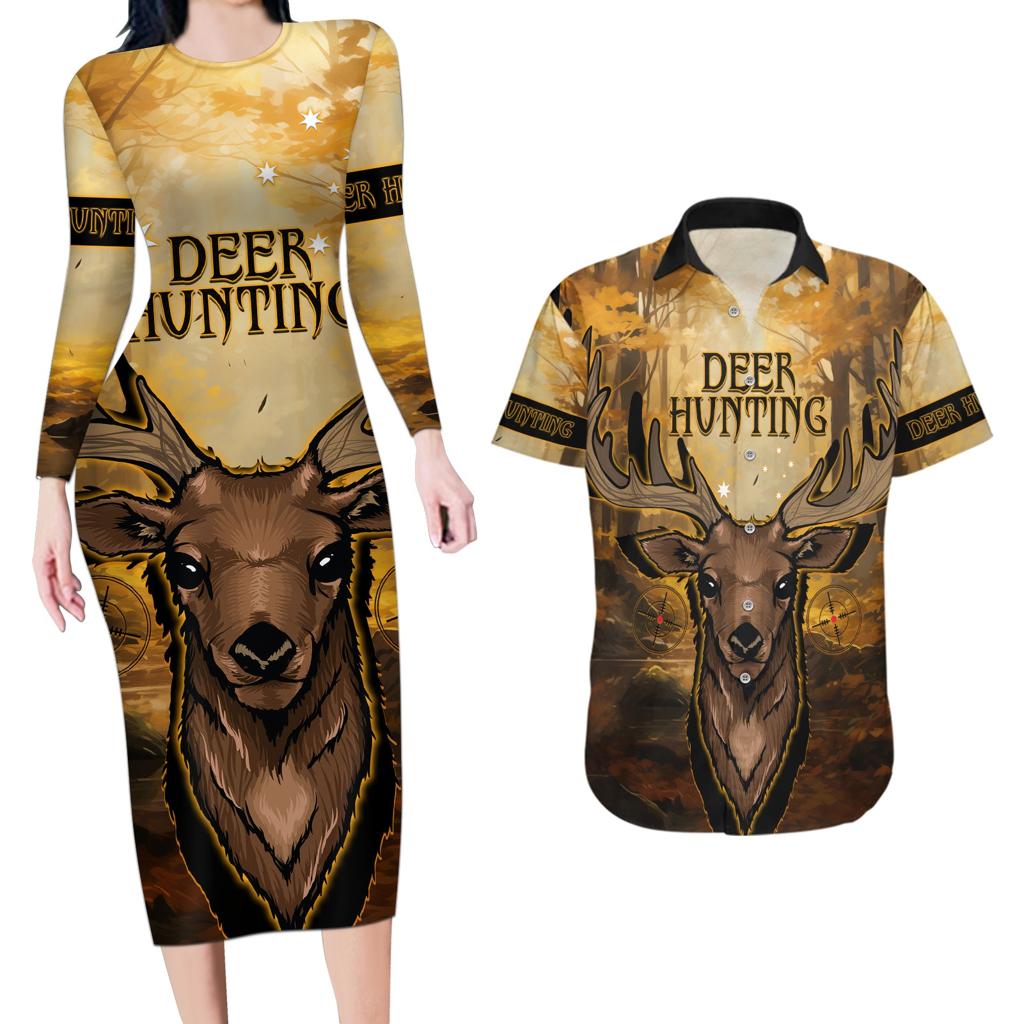 Personalised Deer Hunting Couples Matching Long Sleeve Bodycon Dress and Hawaiian Shirt Forest Vibes