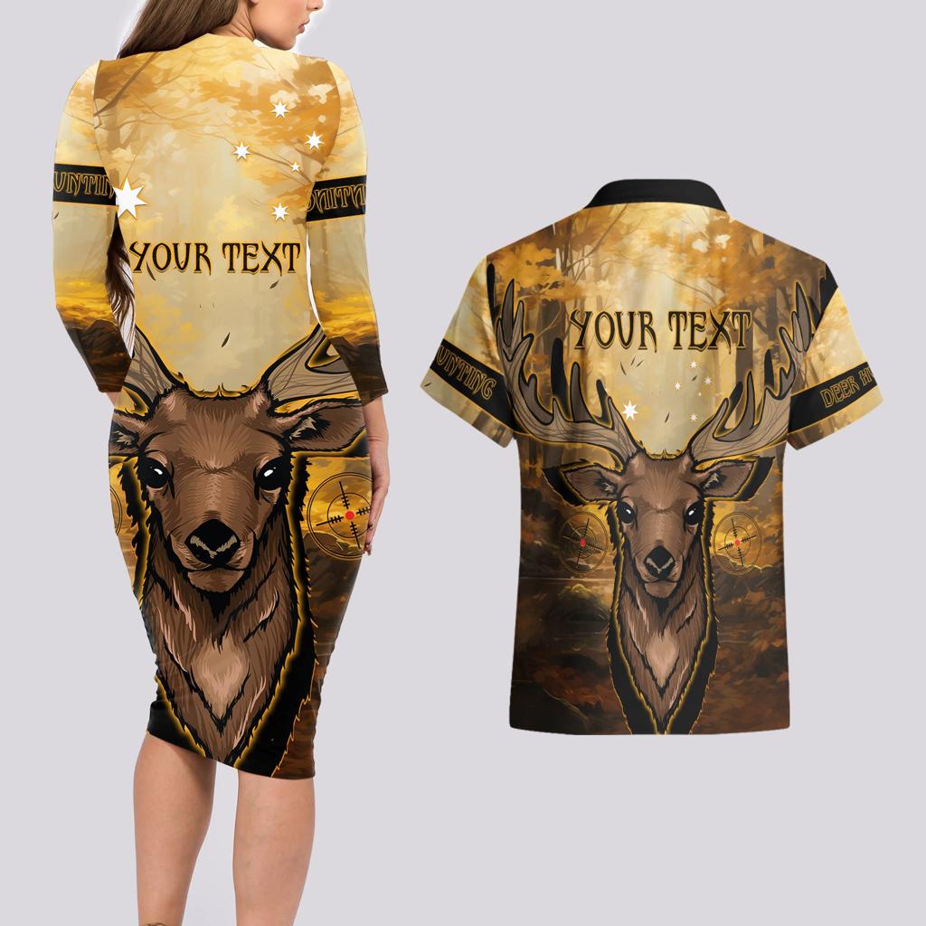 Personalised Deer Hunting Couples Matching Long Sleeve Bodycon Dress and Hawaiian Shirt Forest Vibes