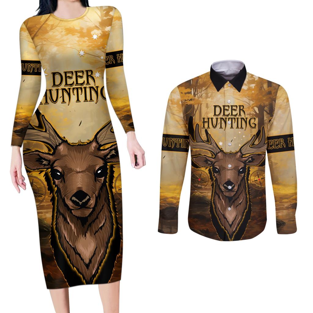 Personalised Deer Hunting Couples Matching Long Sleeve Bodycon Dress and Long Sleeve Button Shirt Forest Vibes