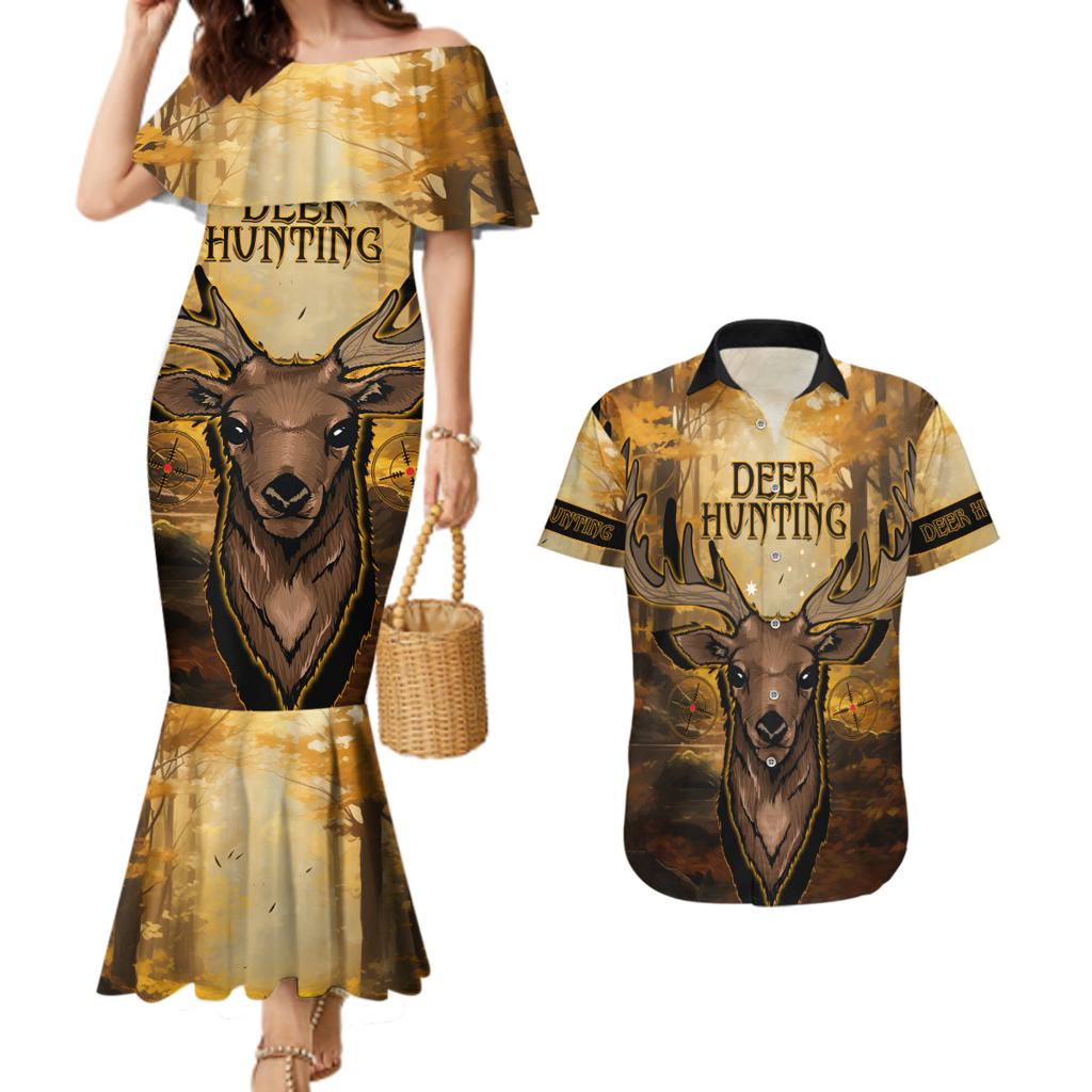 Personalised Deer Hunting Couples Matching Mermaid Dress and Hawaiian Shirt Forest Vibes