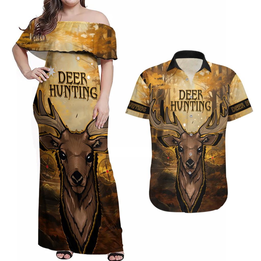 Personalised Deer Hunting Couples Matching Off Shoulder Maxi Dress and Hawaiian Shirt Forest Vibes