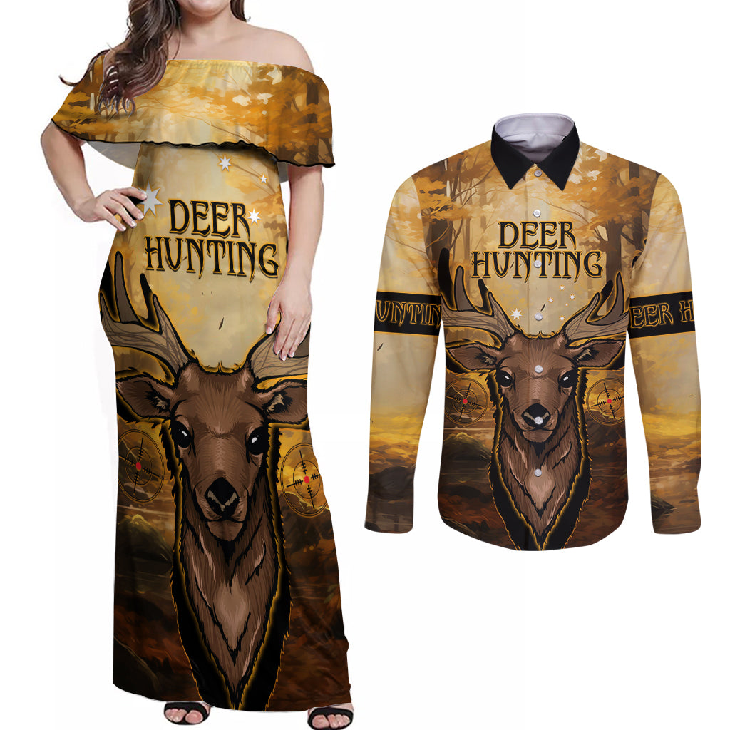 Personalised Deer Hunting Couples Matching Off Shoulder Maxi Dress and Long Sleeve Button Shirt Forest Vibes