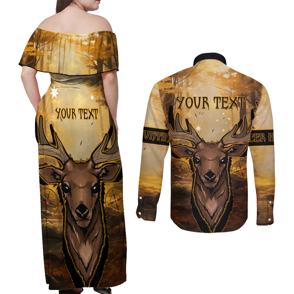 Personalised Deer Hunting Couples Matching Off Shoulder Maxi Dress and Long Sleeve Button Shirt Forest Vibes