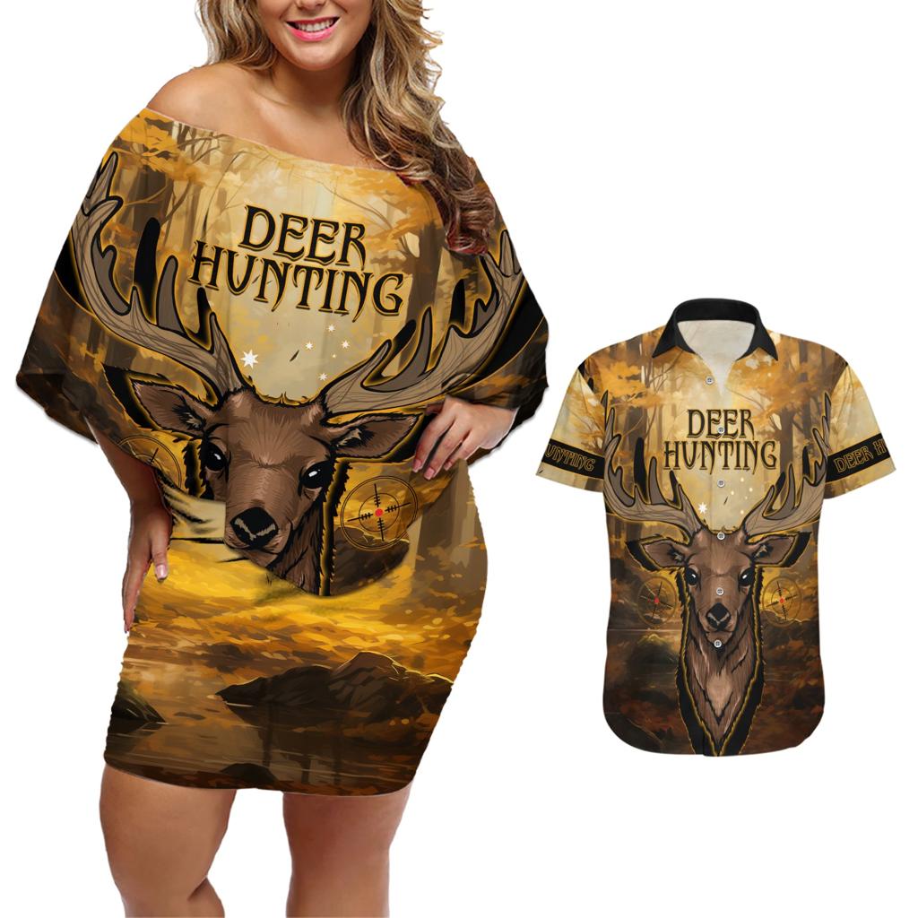 Personalised Deer Hunting Couples Matching Off Shoulder Short Dress and Hawaiian Shirt Forest Vibes