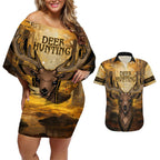 Personalised Deer Hunting Couples Matching Off Shoulder Short Dress and Hawaiian Shirt Forest Vibes