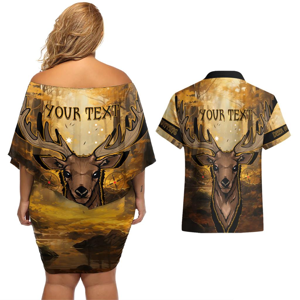 Personalised Deer Hunting Couples Matching Off Shoulder Short Dress and Hawaiian Shirt Forest Vibes