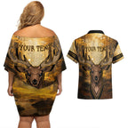 Personalised Deer Hunting Couples Matching Off Shoulder Short Dress and Hawaiian Shirt Forest Vibes