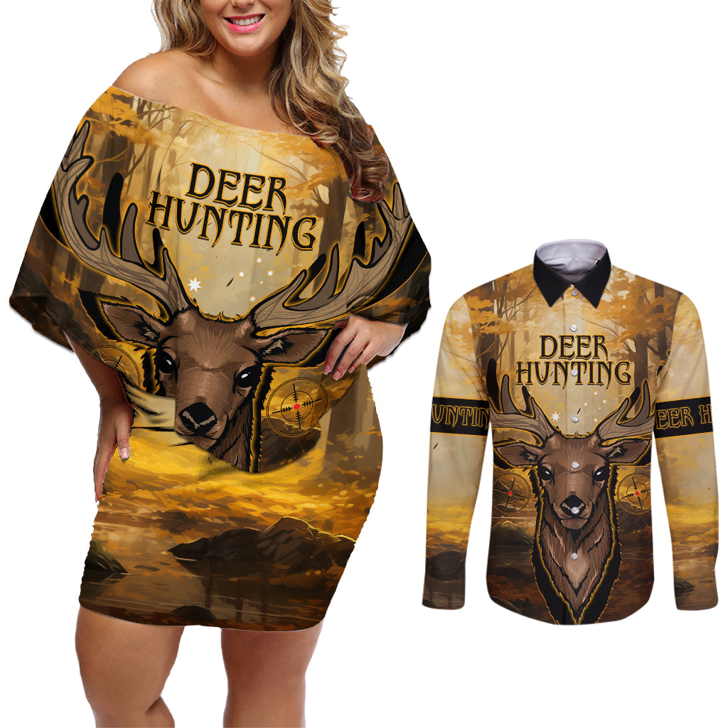 Personalised Deer Hunting Couples Matching Off Shoulder Short Dress and Long Sleeve Button Shirt Forest Vibes