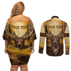Personalised Deer Hunting Couples Matching Off Shoulder Short Dress and Long Sleeve Button Shirt Forest Vibes