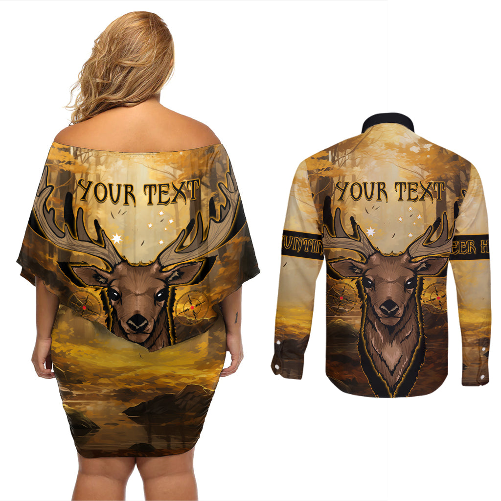 Personalised Deer Hunting Couples Matching Off Shoulder Short Dress and Long Sleeve Button Shirt Forest Vibes