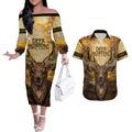 Personalised Deer Hunting Couples Matching Off The Shoulder Long Sleeve Dress and Hawaiian Shirt Forest Vibes