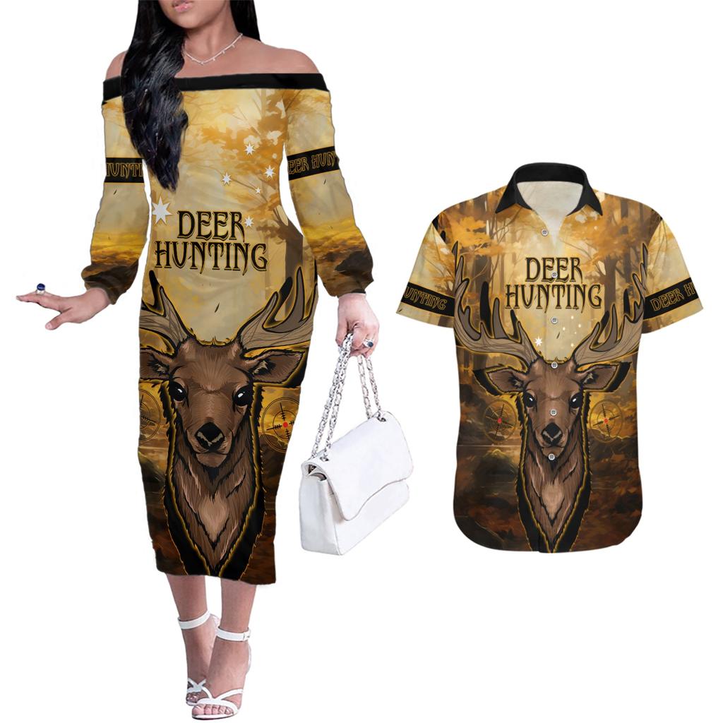 Personalised Deer Hunting Couples Matching Off The Shoulder Long Sleeve Dress and Hawaiian Shirt Forest Vibes