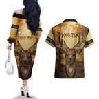 Personalised Deer Hunting Couples Matching Off The Shoulder Long Sleeve Dress and Hawaiian Shirt Forest Vibes
