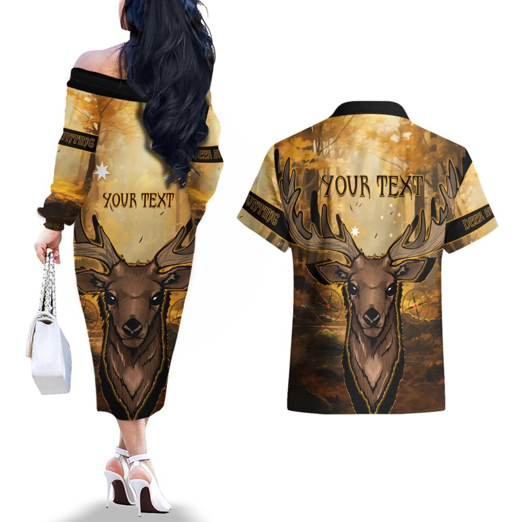 Personalised Deer Hunting Couples Matching Off The Shoulder Long Sleeve Dress and Hawaiian Shirt Forest Vibes